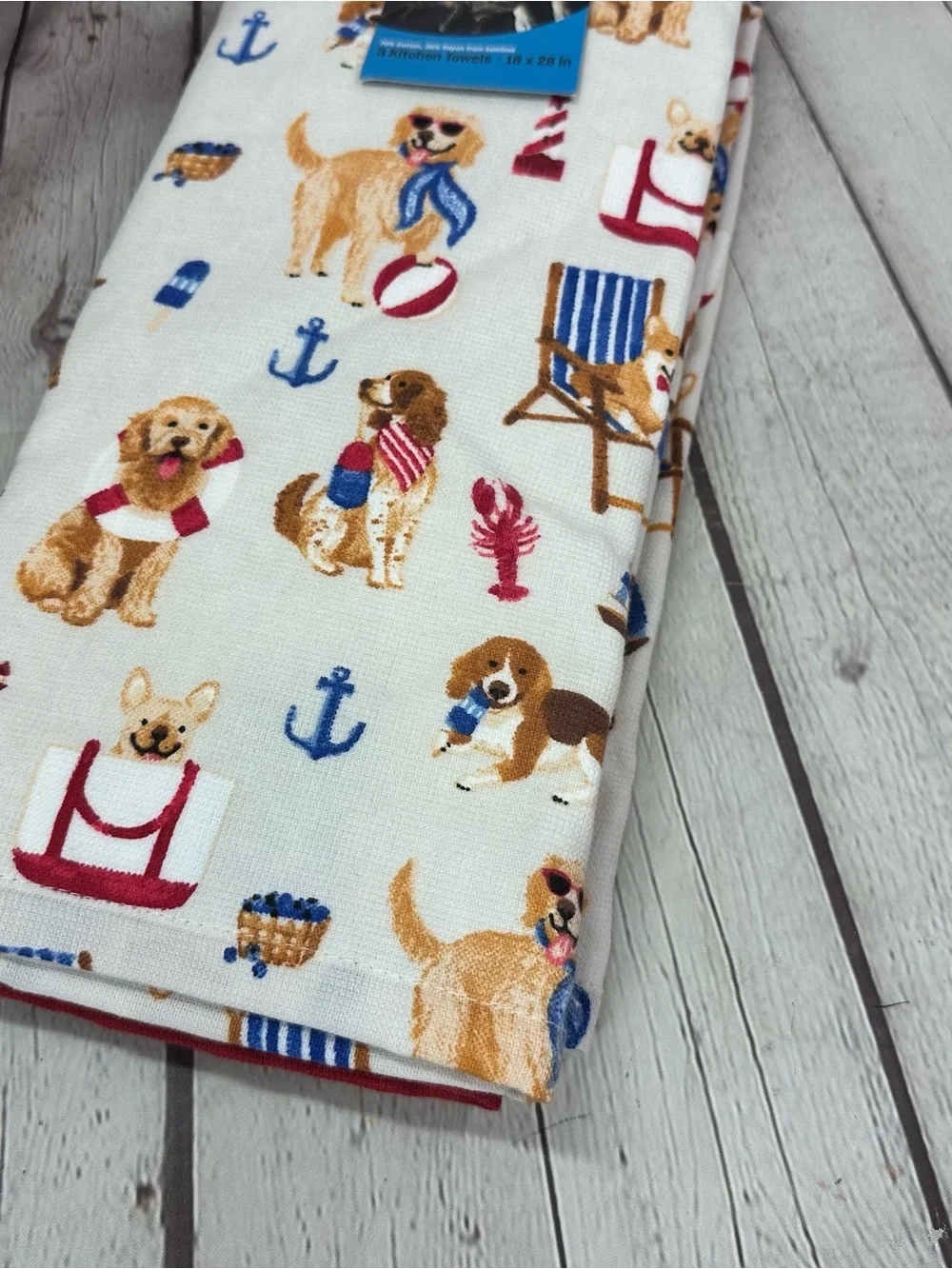 NWT nautical Dog Print Kitchen Towel 3pk coastal beach summer anchor lobster